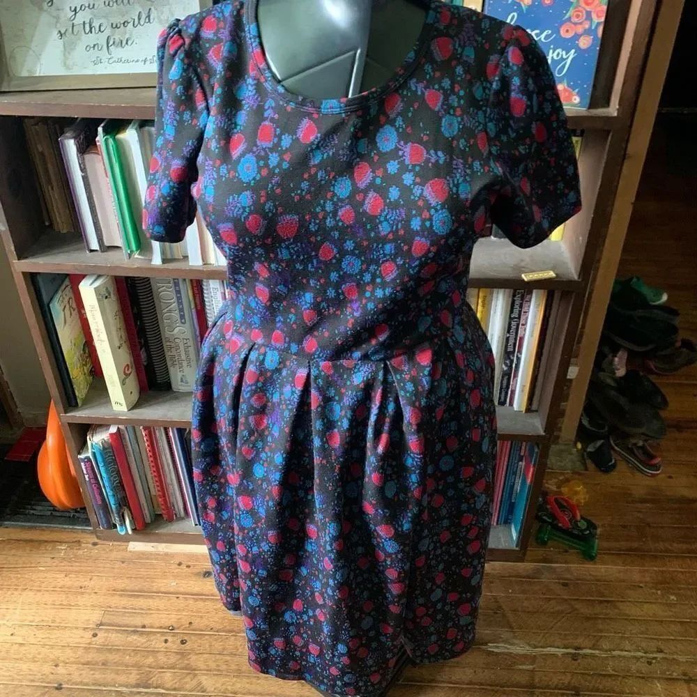 Lularoe blue & red knit fit & flare comfortable travelcore XL dress